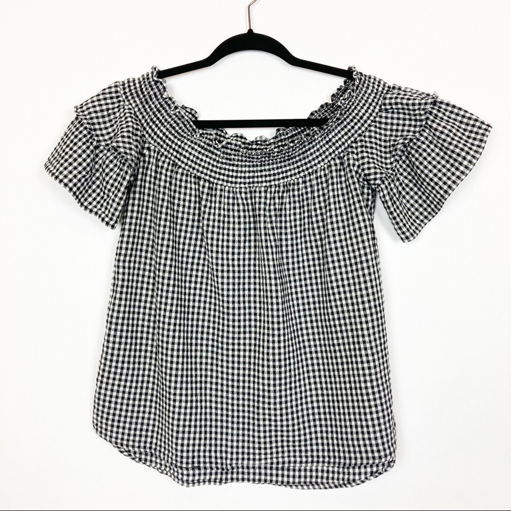 LaJu black and white gingham off the shoulder top